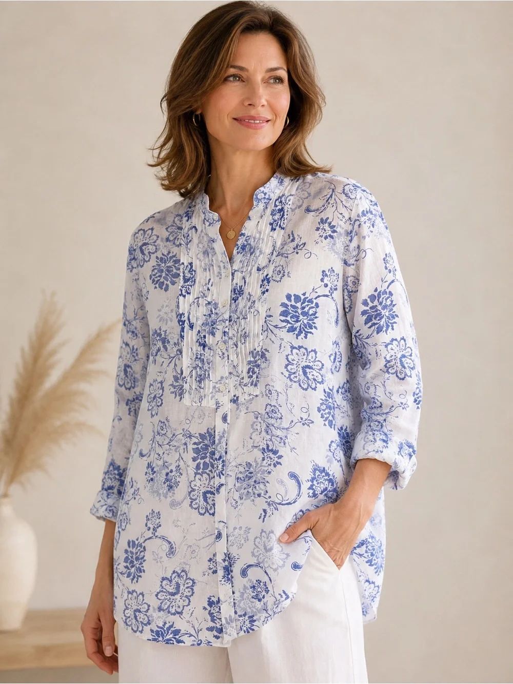 L.L.Bean 100% Linen Floral Button Front Blouse Blue White XL Mandarin Collar